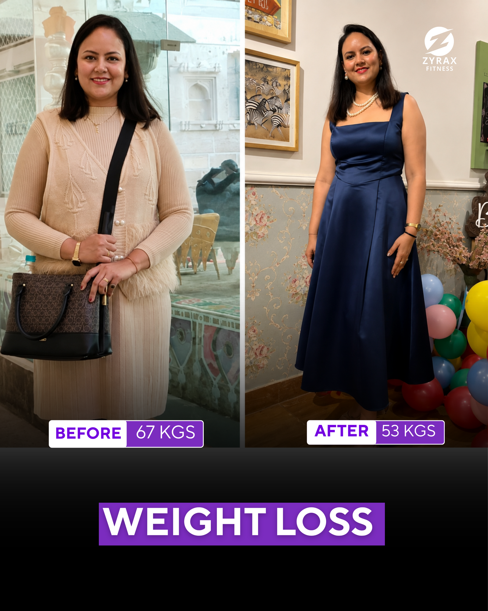Zyrax Fitness member's transformation after Best online Zumba classes India