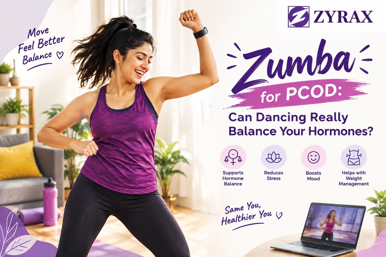 Woman dancing at home during a Zumba session for PCOD hormonal health