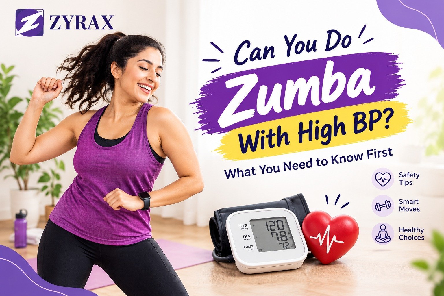 Woman doing a live Zumba session at home with a blood pressure monitor nearby